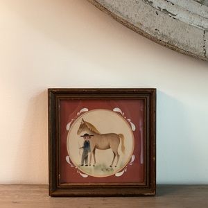 Special Original Vintage Signed R Ross Watercolor of Boy with Pony, 7inX7in